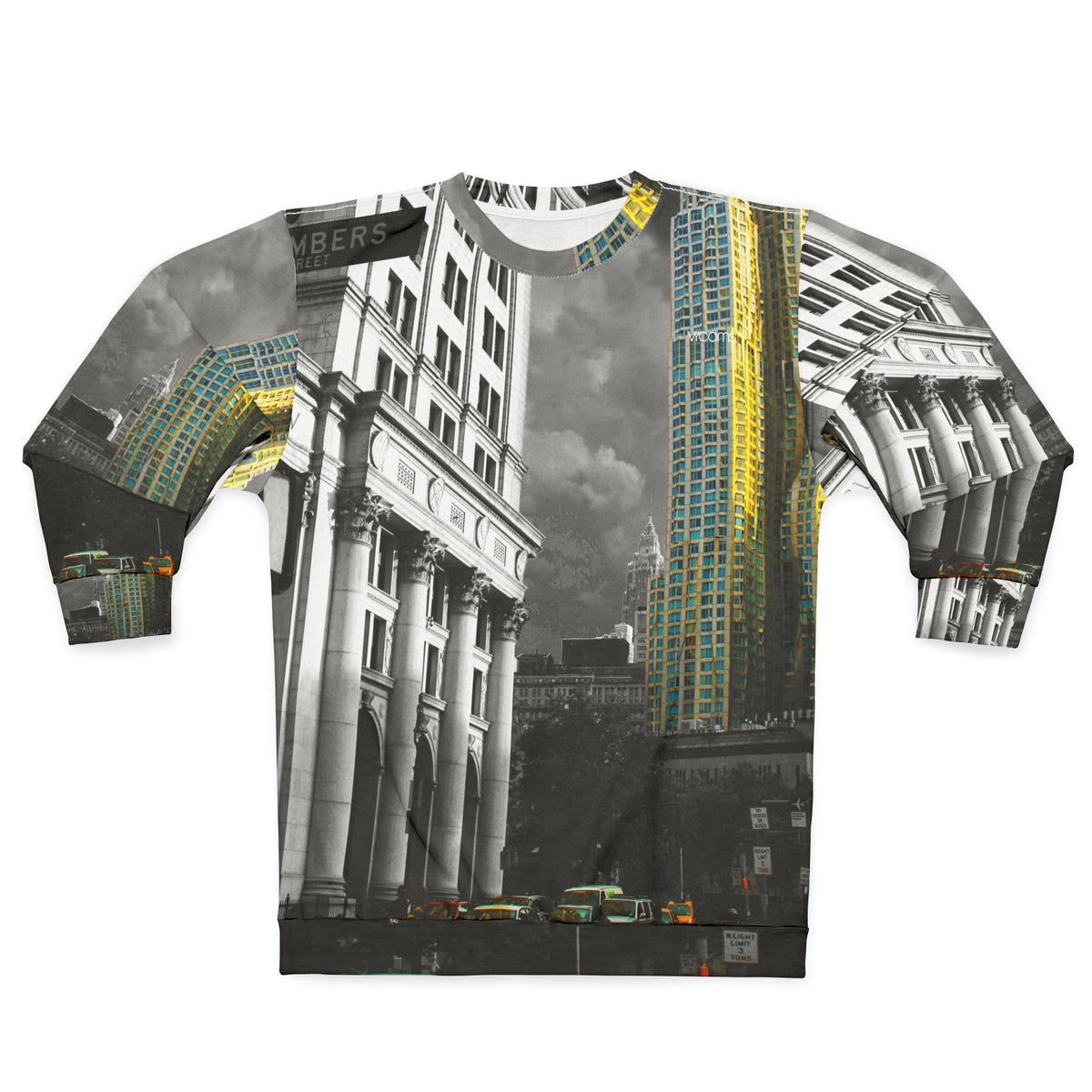 Cityscape Crewneck Sweatshirt — Vintage Black & White Skyline with Gold Accent