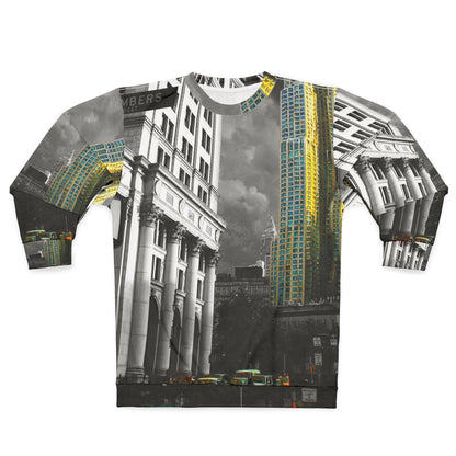 Cityscape Crewneck Sweatshirt — Vintage Black & White Skyline with Gold Accent