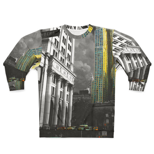 Cityscape Crewneck Sweatshirt — Vintage Black & White Skyline with Gold Accent
