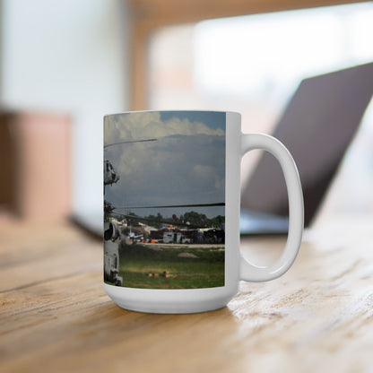 Elegant 15oz Ceramic Coffee Mug printed with a beautiful Sikorsky UH-60 Black Hawk helicopter.