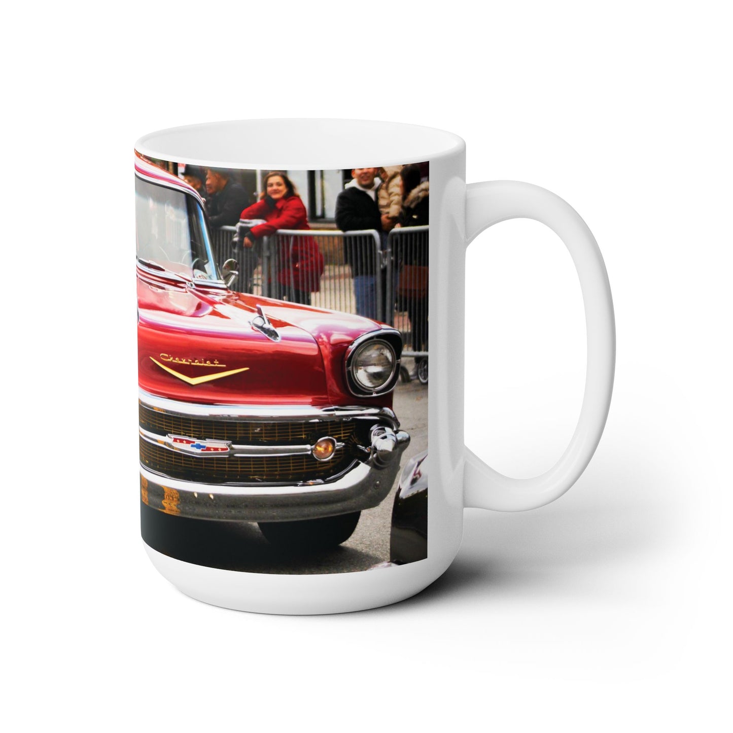 Elegant 15oz Ceramic Coffee Mug printed with a beautiful image of a red old classic automobile.