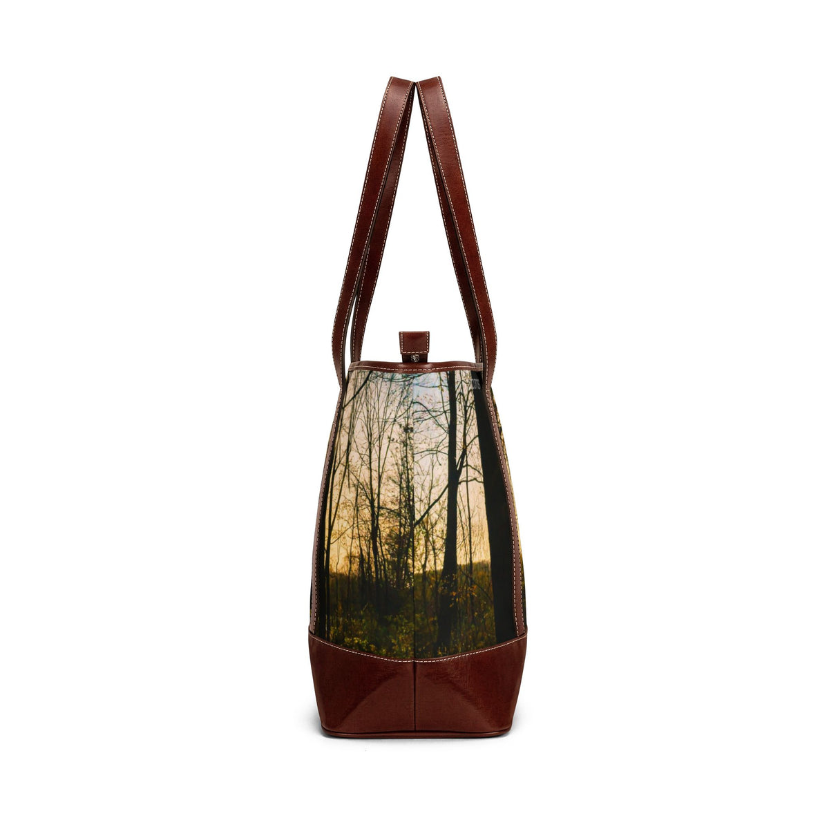 Sunlit Forest Leather-Trim Handbag — Nature Tote with Lens Flare
