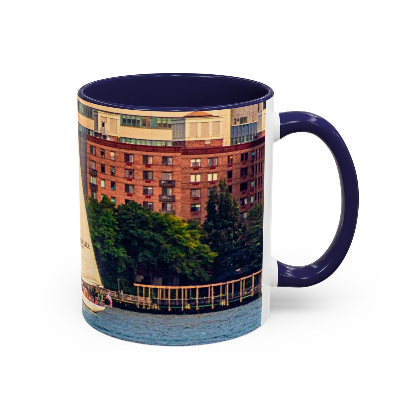 Two Tone Ceramic, 11oz Coffe Mug, Printed with a High-Res Elegant Image of a Saul Boat at the Hudson River, New York.