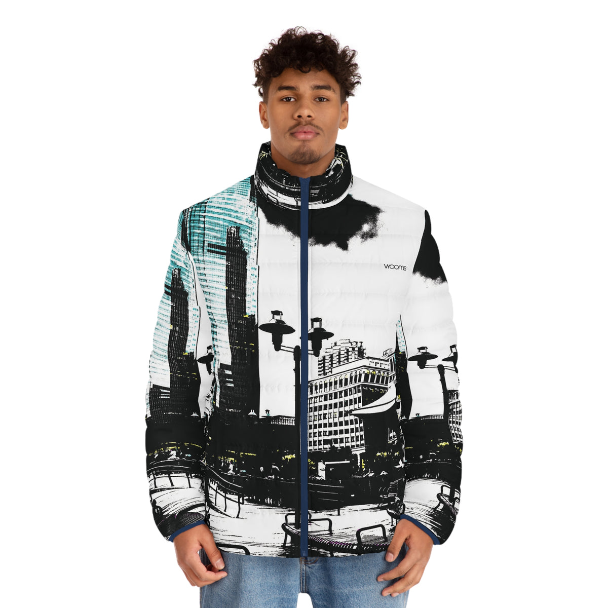 Cityscape Men’s Puffer Jacket — Black & Teal Urban