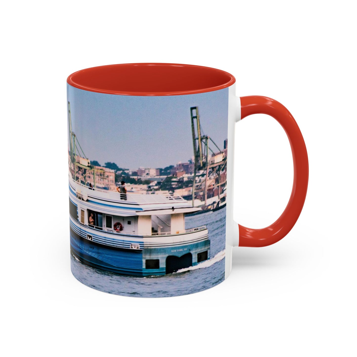 Two Tone 11oz Ceramic, Coffe Mug, Printed with a High-Res Elegant Image of a Boat at the Hudson River, New York.