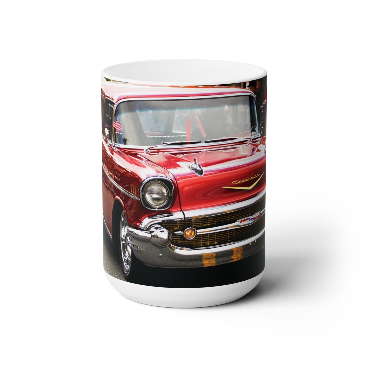 Elegant 15oz Ceramic Coffee Mug printed with a beautiful image of a red old classic automobile.
