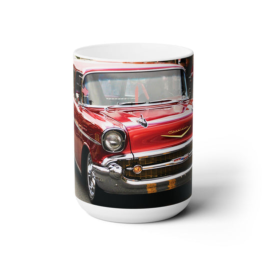 Elegant 15oz Ceramic Coffee Mug printed with a beautiful image of a red old classic automobile.