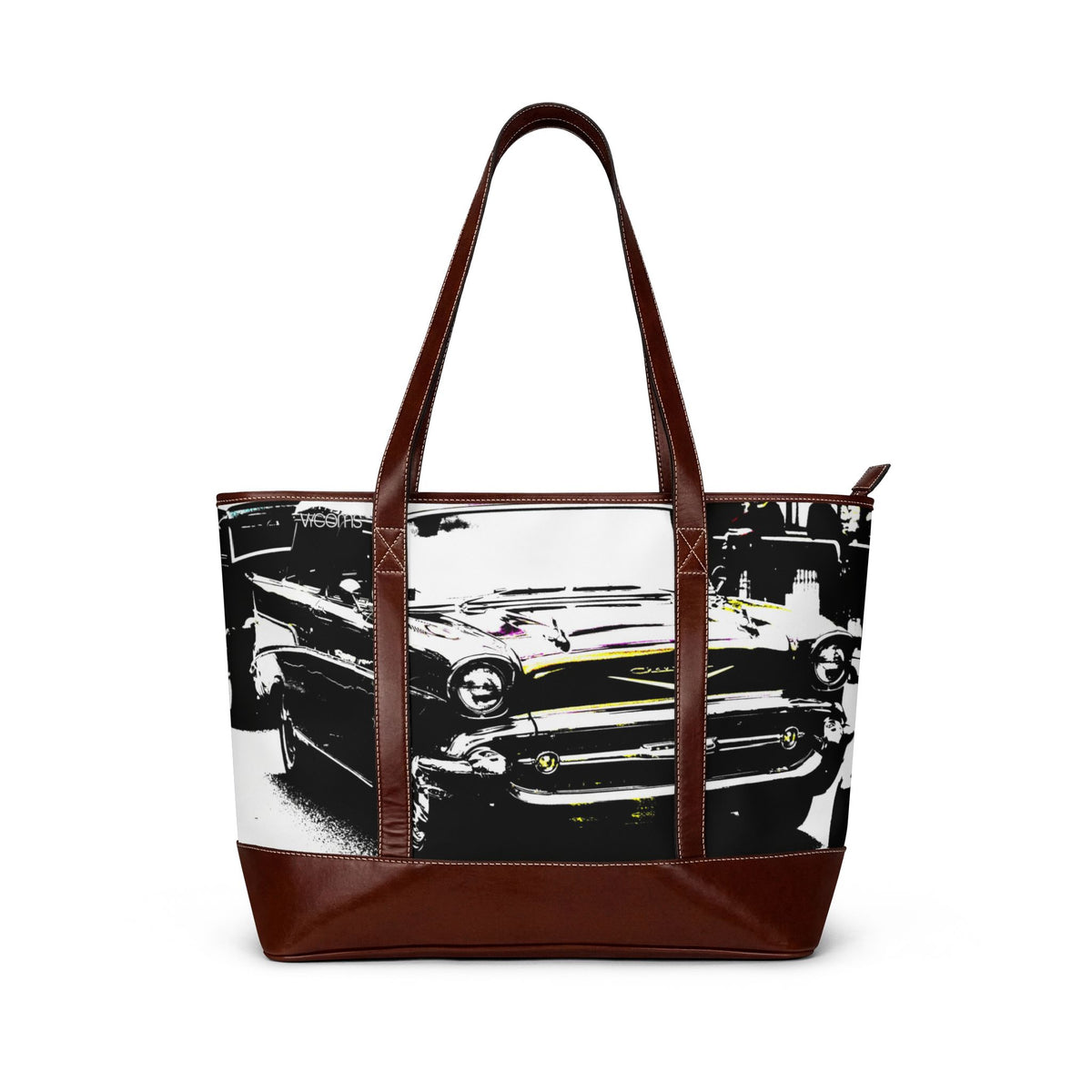 Vintage Classic Car Handbag – Retro Black & White Automotive Tote