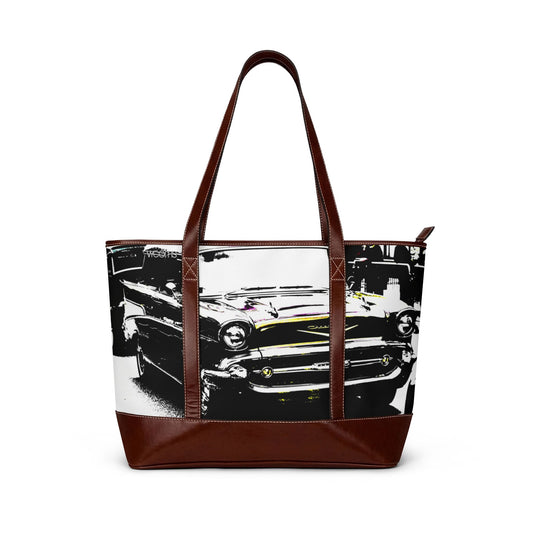 Vintage Classic Car Handbag – Retro Black & White Automotive Tote