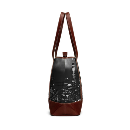 Cityscape Leather-Trim Tote Handbag — Black & White Skyline Travel Tote