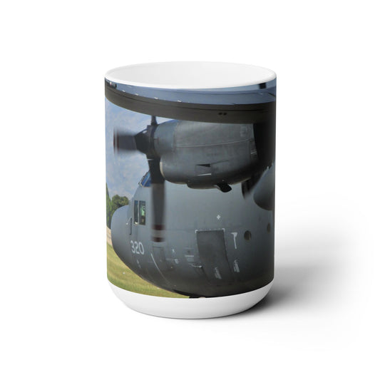 Elegant 15oz Ceramic Coffee Mug printed with a beautiful image of a C-130 Hercules.