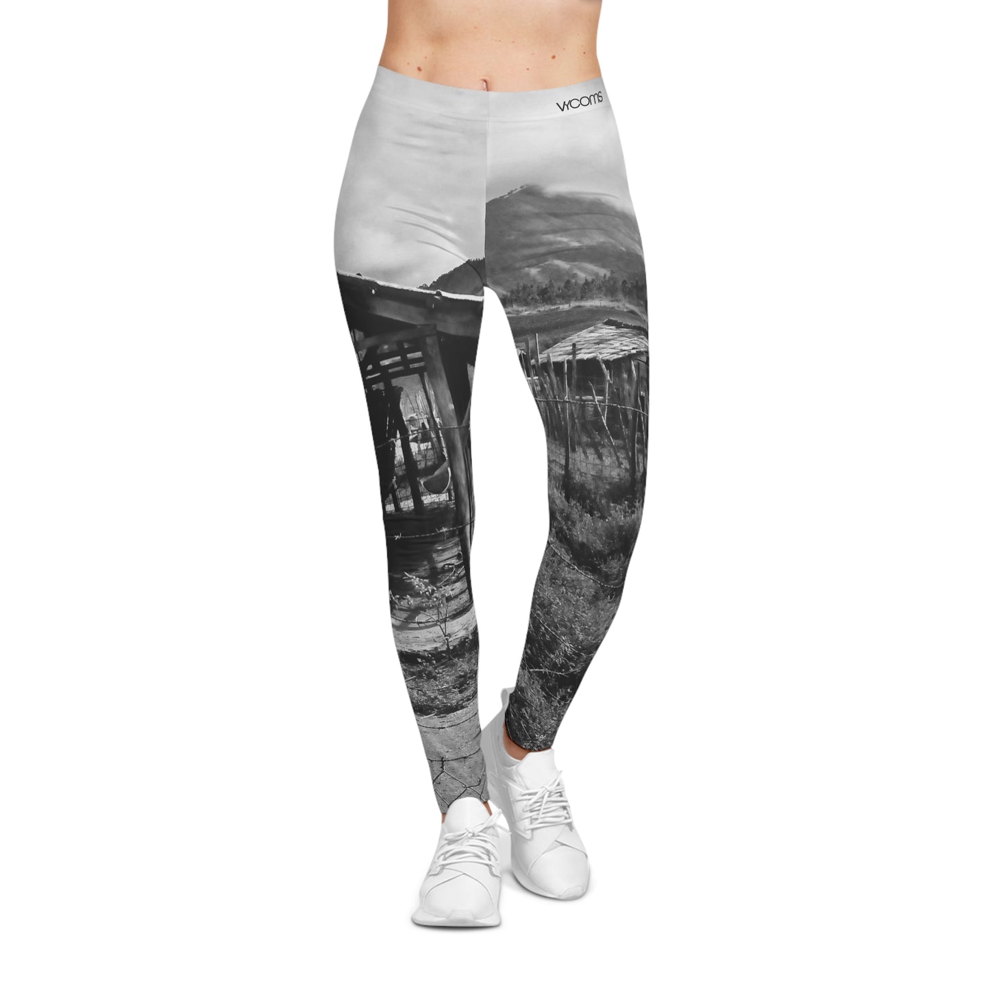 Rustic Village Photo Leggings — Black & White Scenic