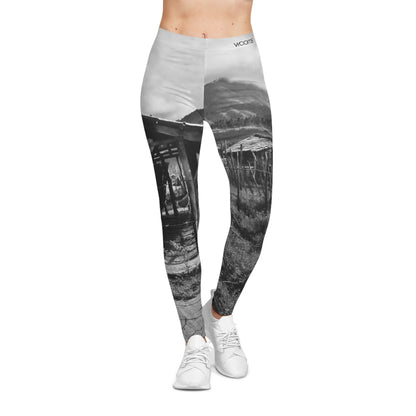 Rustic Village Photo Leggings — Black & White Scenic