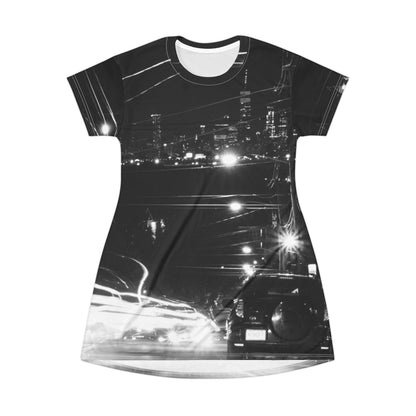 City Night Lights Dress — Black & White Long Exposure Urban Landscape