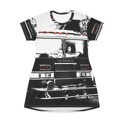 Firetruck Photo T‑Shirt Dress — Vintage Emergency Vehicle Graphic