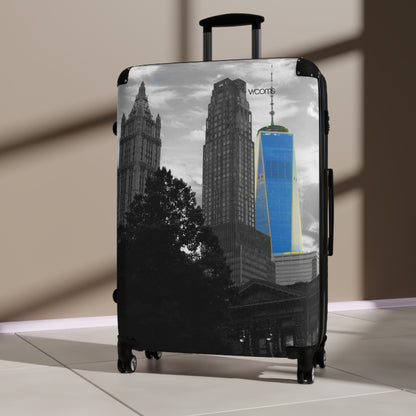New York Skyline Carry-On Suitcase — Black & White Cityscape with Blue One World Trade Center Accent