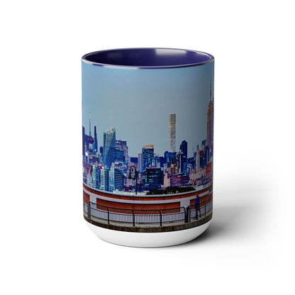 Two Tone Ceramic, 15oz Coffee Mug, Printed with a High-Res Elegant New York Sky Line Image