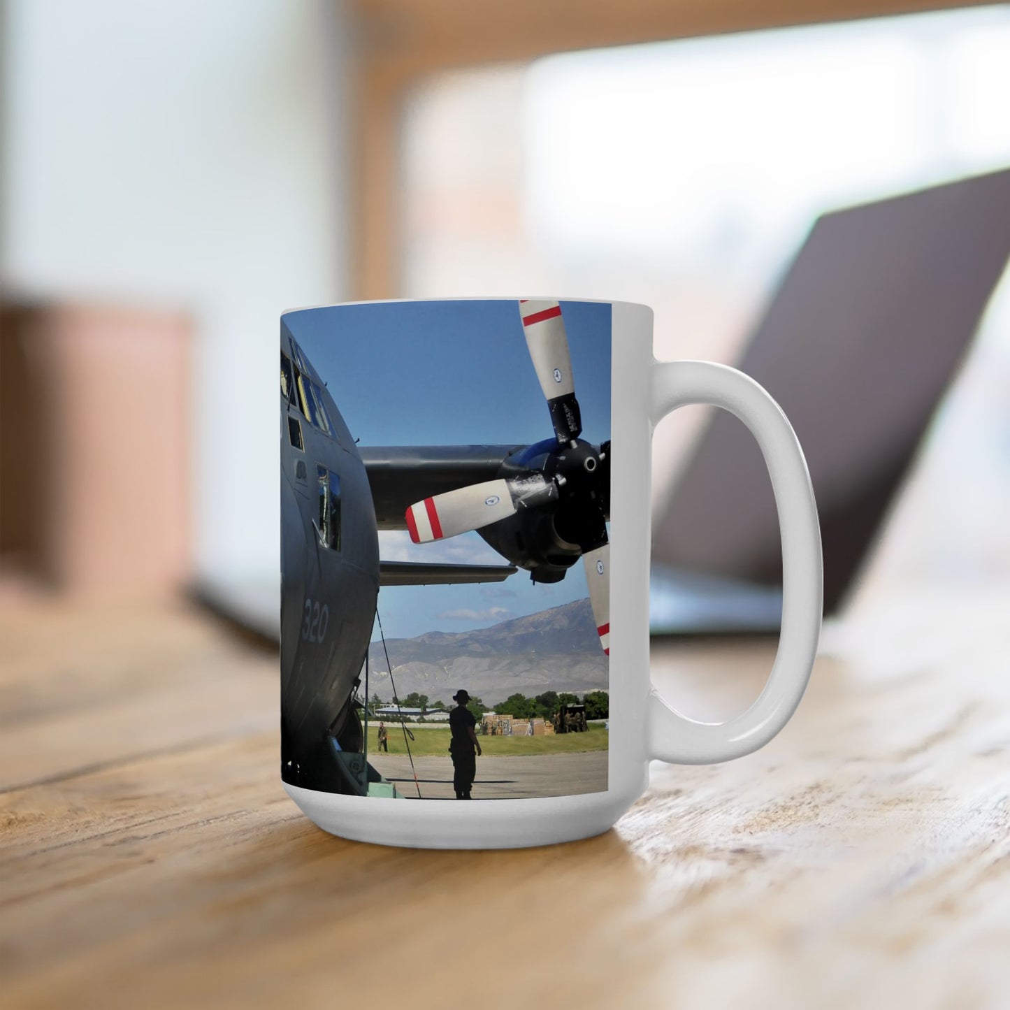 Elegant 15oz Ceramic Coffe Mug Printed with a C-130 Hercules Cargo Plane.