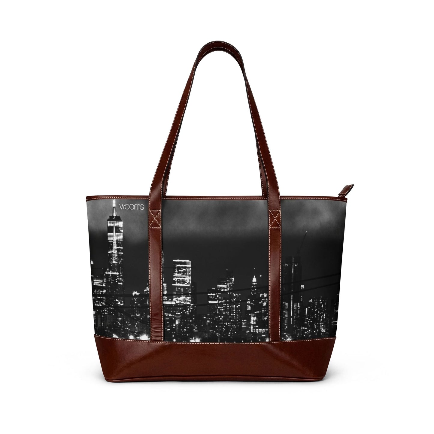 Cityscape Leather-Trim Tote Handbag — Black & White Skyline Travel Tote
