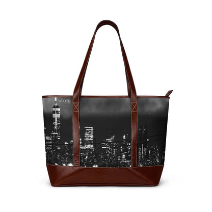 Cityscape Leather-Trim Tote Handbag — Black & White Skyline Travel Tote