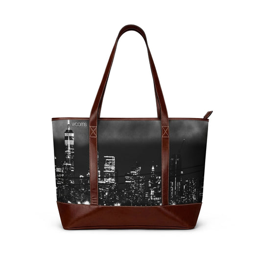 Cityscape Leather-Trim Tote Handbag — Black & White Skyline Travel Tote