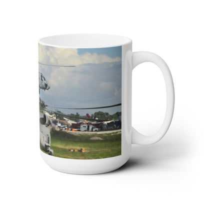 Elegant 15oz Ceramic Coffee Mug printed with a beautiful Sikorsky UH-60 Black Hawk helicopter.