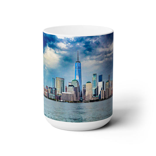 Taza de cerámica blanca de 15 oz, impresa con una imagen elegante de alta resolución del perfil urbano de Nueva York