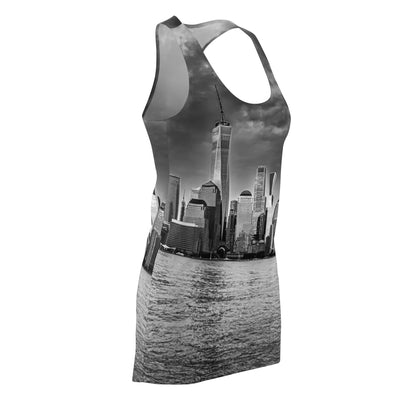 City Skyline Racerback Dress — Black & White New York Waterfront Print