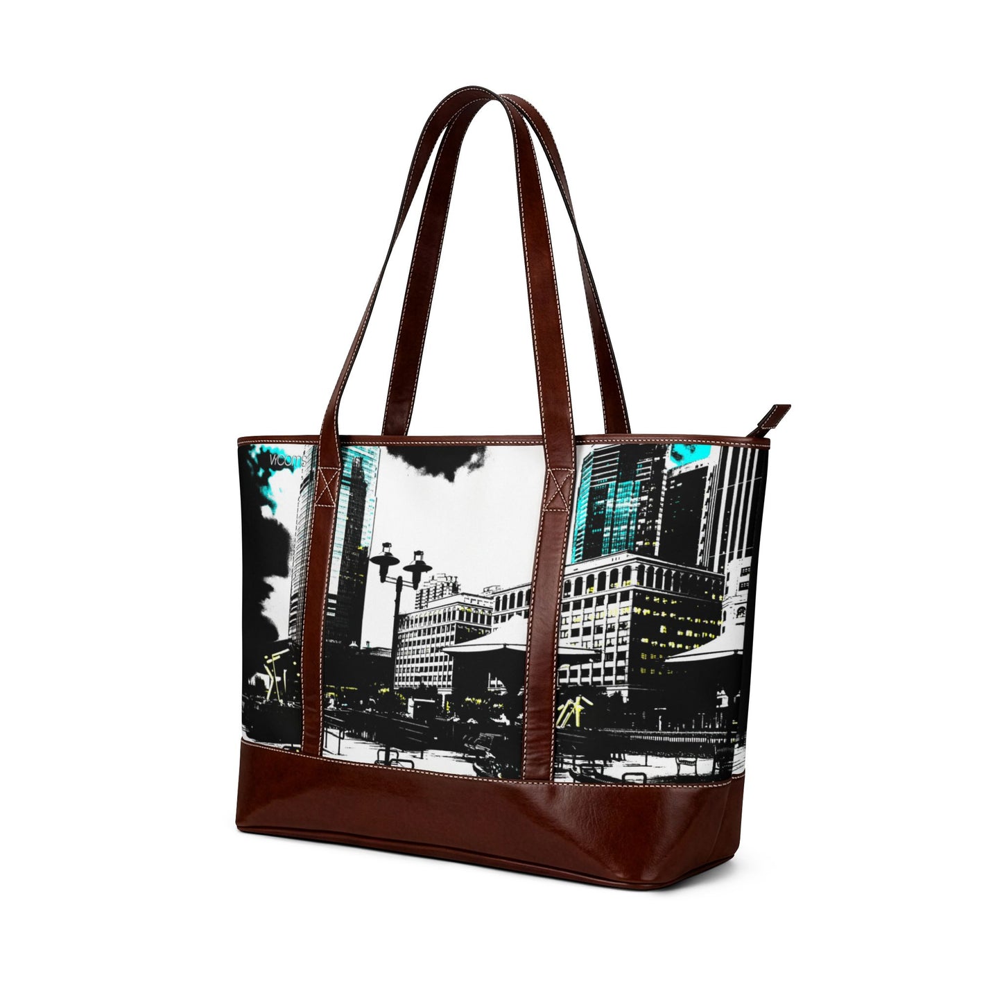 Exchange Place Cityscape Tote Handbag — Modern Urban Skyline Leather-Trim Tote