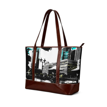 Exchange Place Cityscape Tote Handbag — Modern Urban Skyline Leather-Trim Tote
