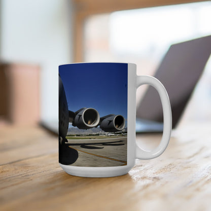 Elegant 15oz Ceramic Coffee Mug with a beautiful image of a C-5 Galaxy cargo airplane.