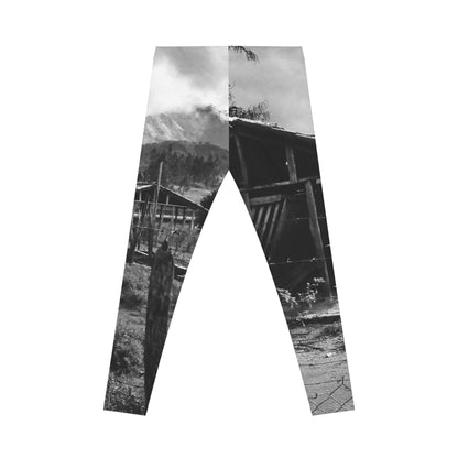 Rustic Village Photo Leggings — Black & White Scenic