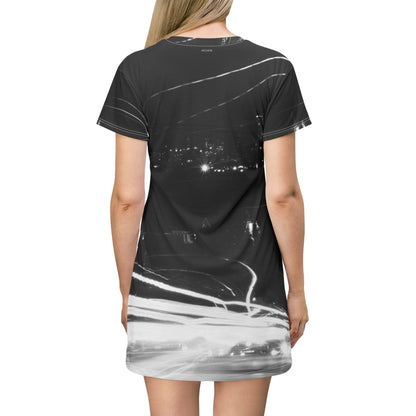 City Night Lights Dress — Black & White Long Exposure Urban Landscape