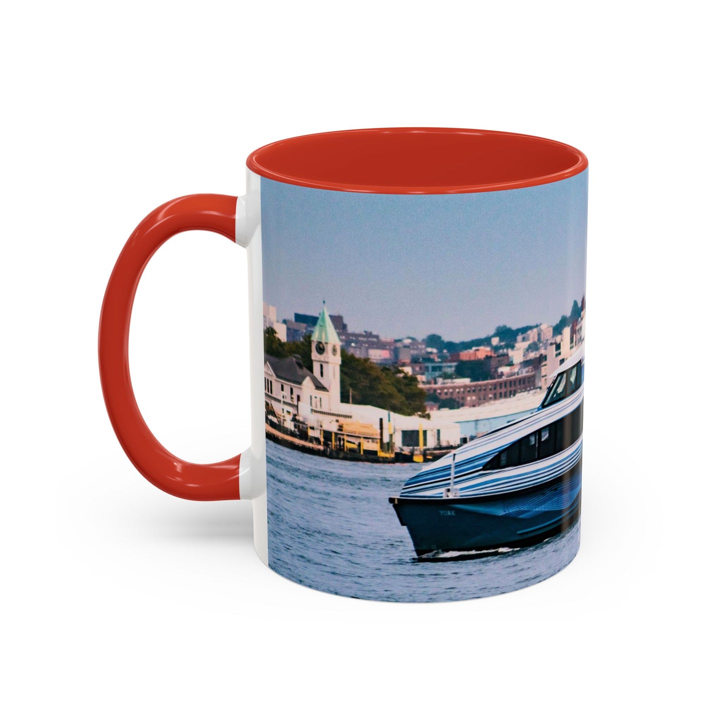 Two Tone 11oz Ceramic, Coffe Mug, Printed with a High-Res Elegant Image of a Boat at the Hudson River, New York.