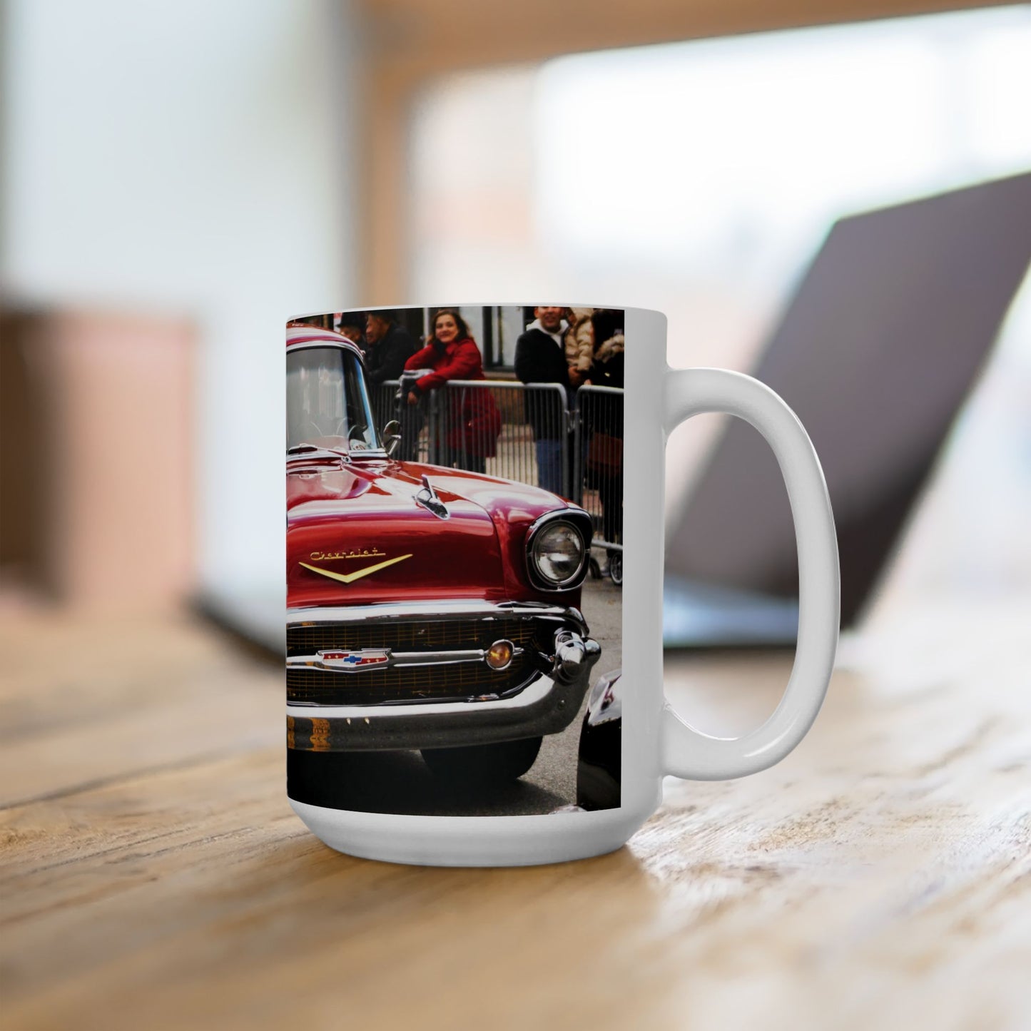 Elegant 15oz Ceramic Coffee Mug printed with a beautiful image of a red old classic automobile.