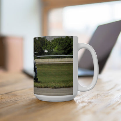 Elegant 15oz Ceramic Coffee Mug printed with a beautiful image of a grounded UH-60 Black Hawk helicopter.