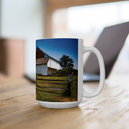 Elegant 15oz Ceramic Coffee Mug printed with a beautiful country side house.