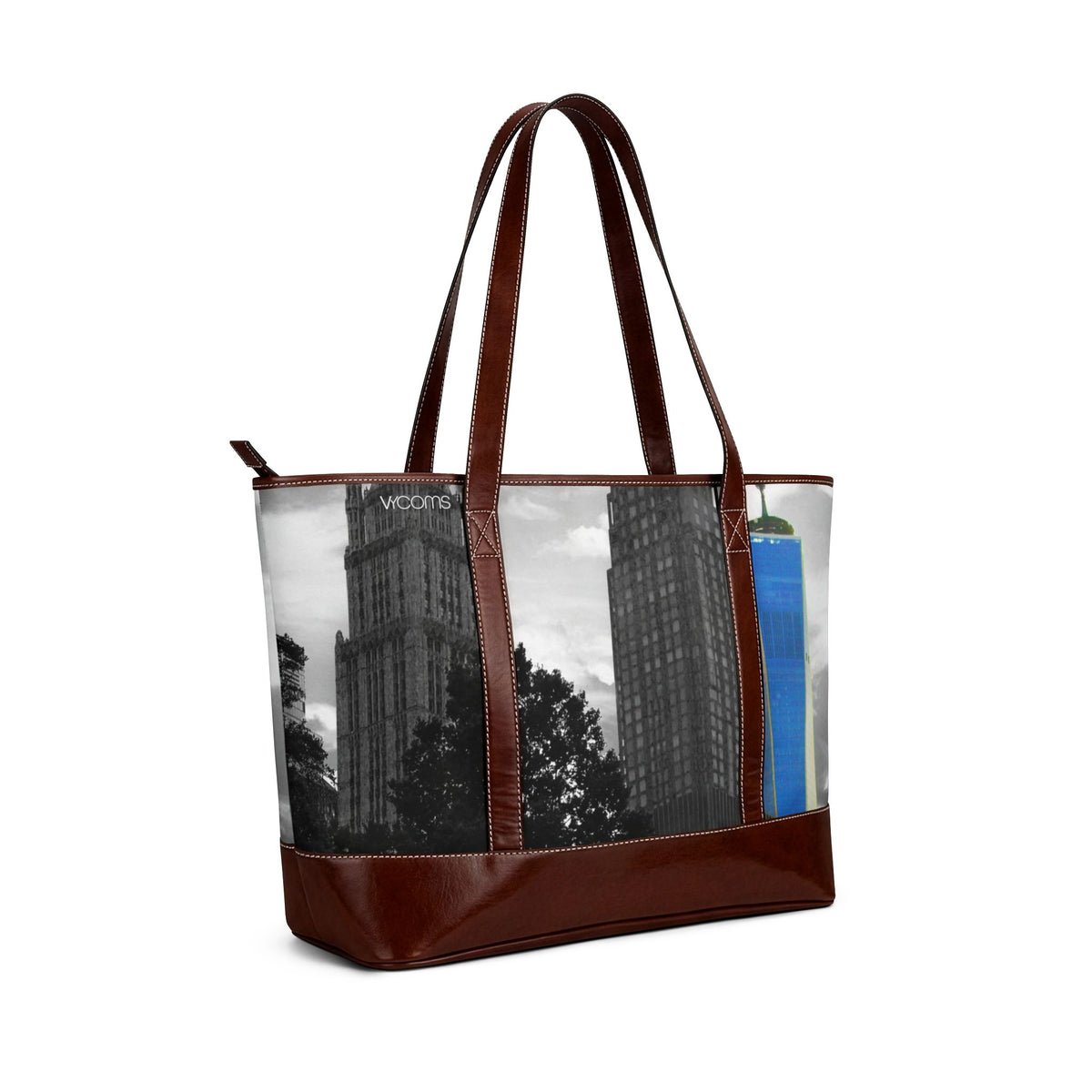 City Skyline Tote Handbag — Blue Tower Urban Scene