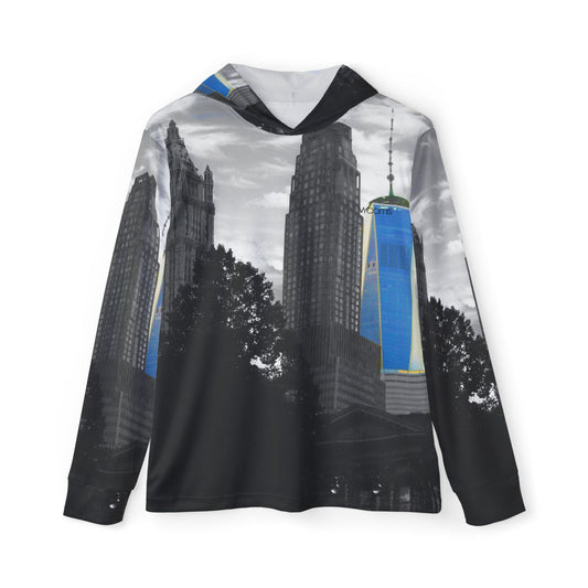 Lower Manhattan NYC Skyline Waterproof Warmup Hoodie — One World Trade Center Design