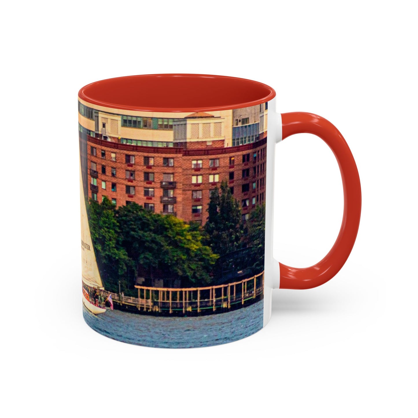 Two Tone Ceramic, 11oz Coffe Mug, Printed with a High-Res Elegant Image of a Saul Boat at the Hudson River, New York.