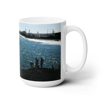 Elegant 15oz Ceramic Coffee Mug with a beautiful sea coast at sunset image.
