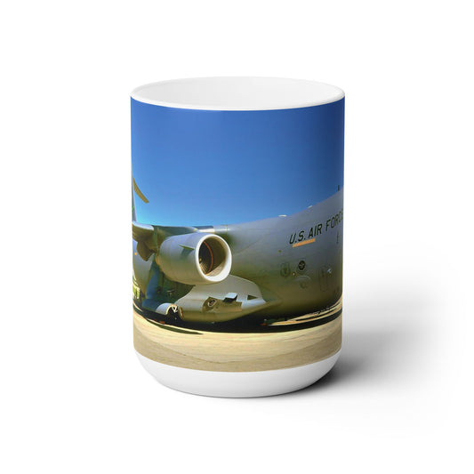 Elegant 15oz Ceramic Coffee Mug with a beautiful image of a C-5 Galaxy cargo airplane.
