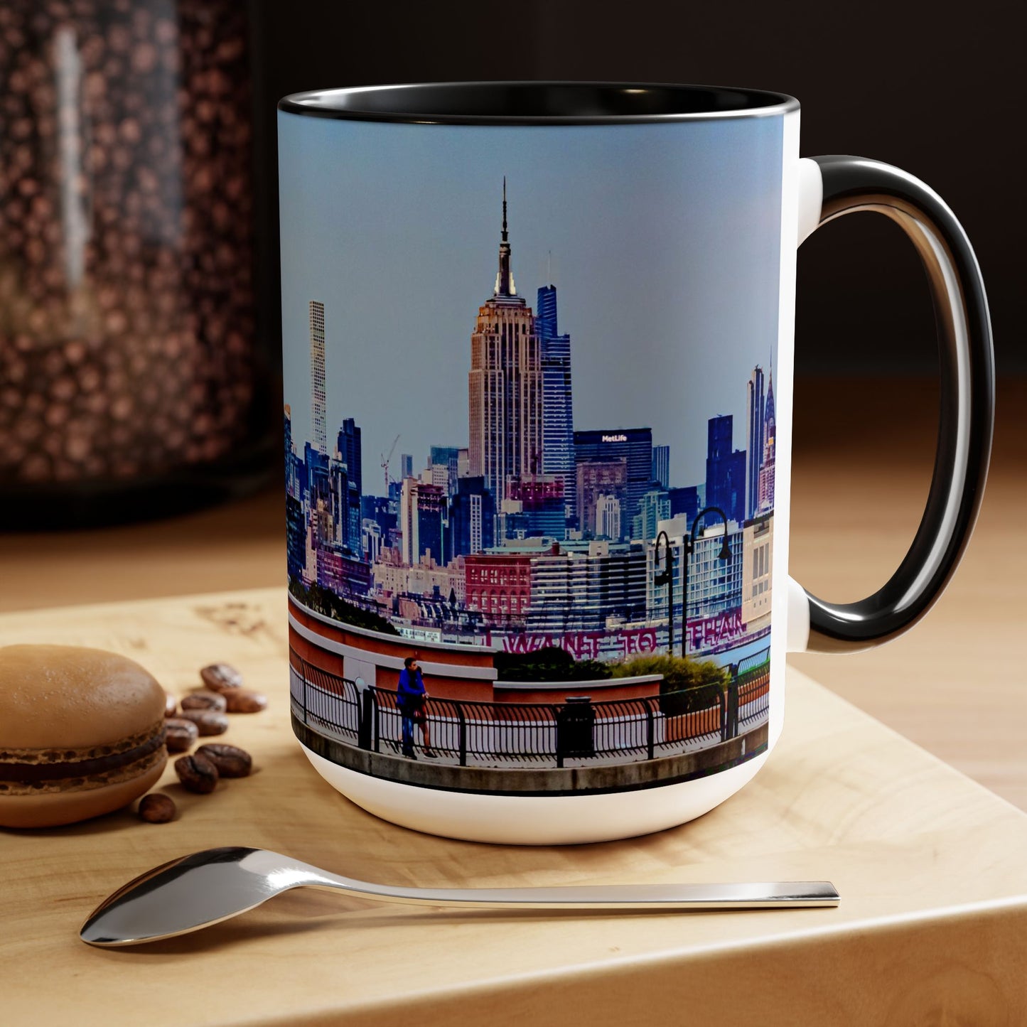 Two Tone Ceramic, 15oz Coffee Mug, Printed with a High-Res Elegant New York Sky Line Image