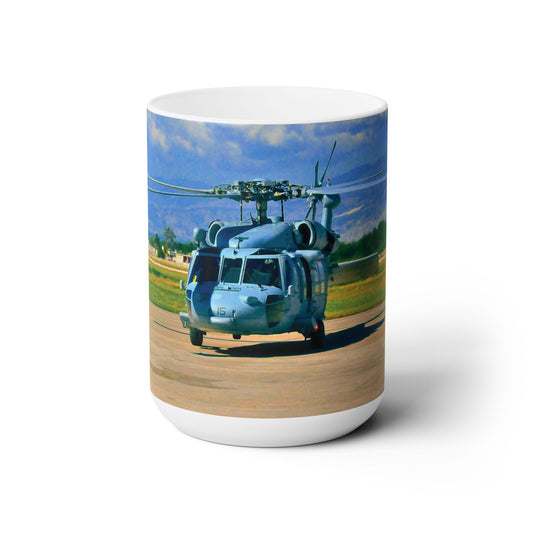 Elegant 15oz Ceramic Coffee Mug printed with a beautiful AH-60 Black Hawk helicopter image.