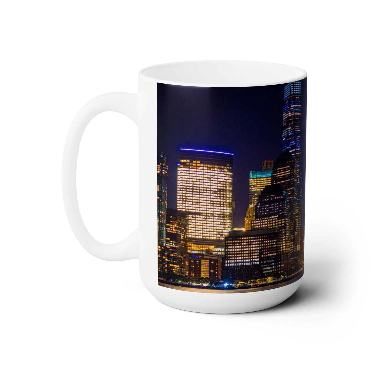 Ceramic Coffe Mug 15oz printed with Elegant High-Res, Full Color, New York Sky Line Image.