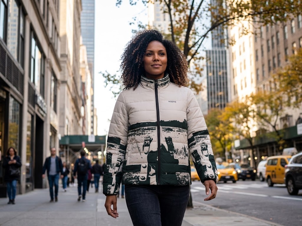 Women’s Puffer Jacket – Vintage Black-and-White Winter Landscape Design