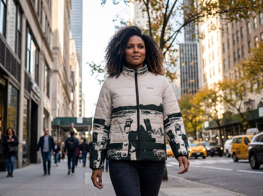 Women’s Puffer Jacket – Vintage Black-and-White Winter Landscape Design