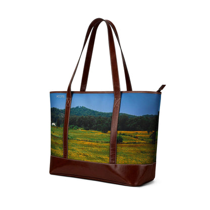 Countryside Landscape Tote Handbag – Scenic Field & Mountains Shoulder Bag