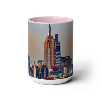 Two Tone 15oz Ceramic,  Coffee Mug, Printed with a High-Res Elegant Image of  New  York City View.
