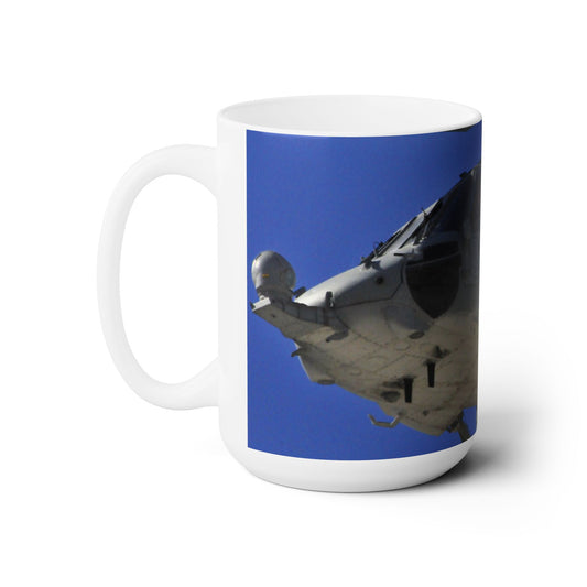 Elegant 15oz Ceramic Coffee Mug printed with a beautiful image of a UH-60 Black Hawk helicopter.
